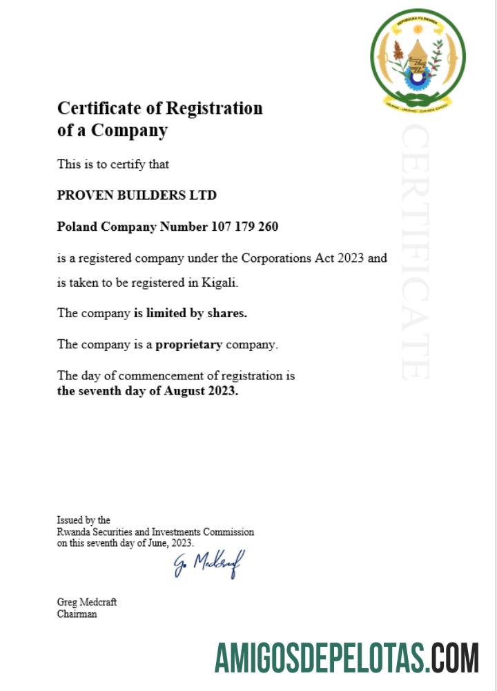 Certificado de registro comercial em branco de Ruanda modelo Word e PDF